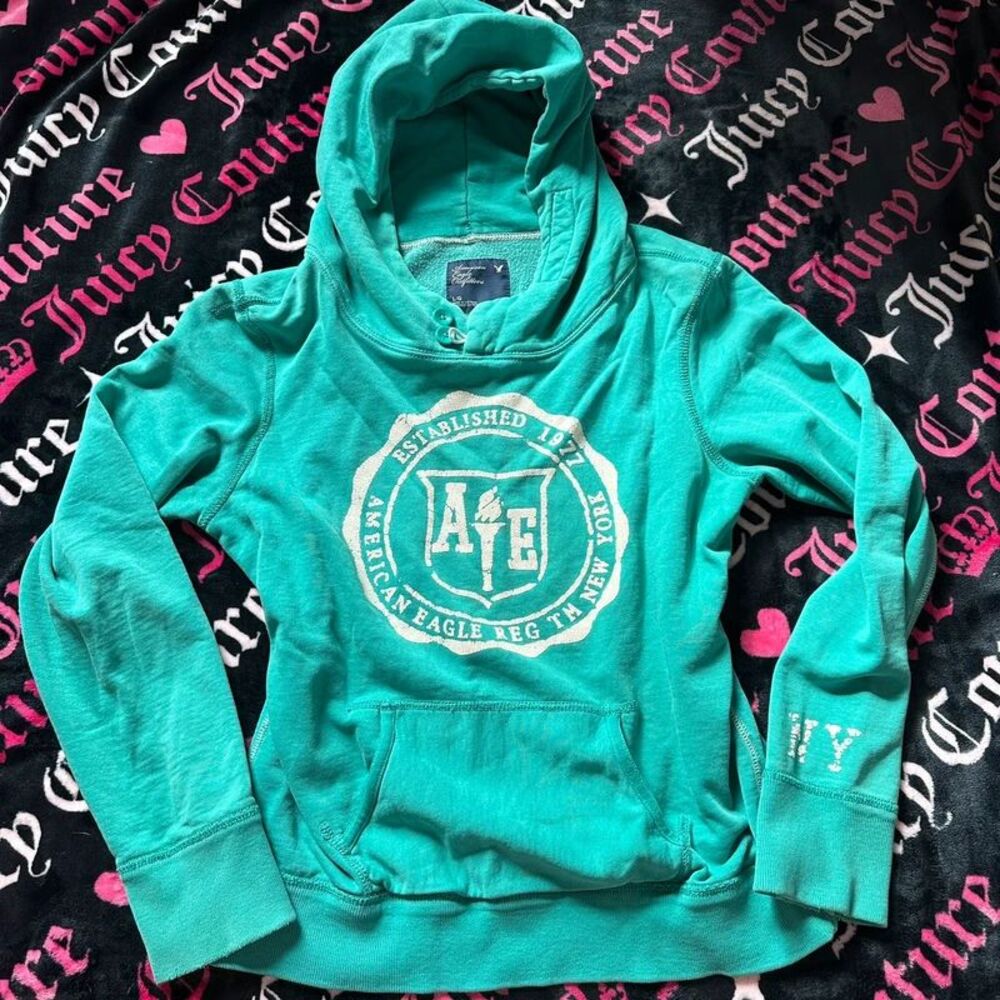 Vintage Y2K American Eagle Teal Hoodie Size L